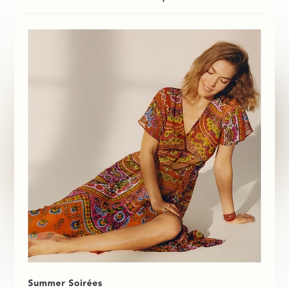 Anthropologie maxi dress, summery print, bright oranges and blue